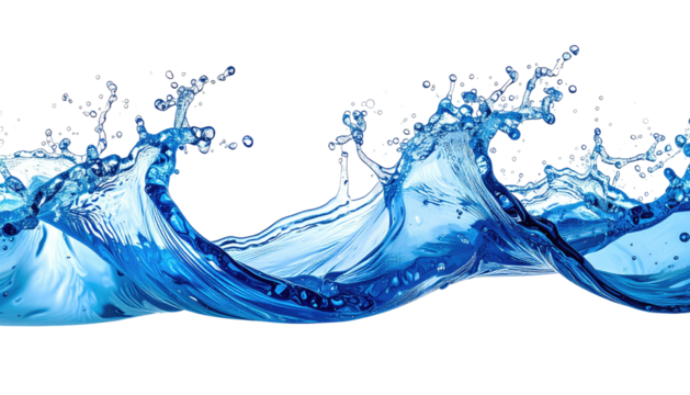 Water splashing, bright blue liquid motion on solid black background