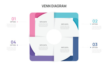 Venn diagram infographic chart template for business 4 color parts options, presentation with icon elements vector illustration.