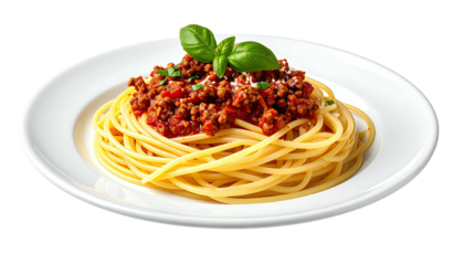 Spaghetti Bolognese on white plate topped with basil sprig