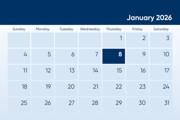 8 January 2026 calendar day design. It shows 2026 January 8 date calendar page