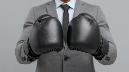 Close-up of a man in formal attire wearing boxing gloves, showcasing a unique blend of elegance and strength, perfect for dynamic visual storytelling.