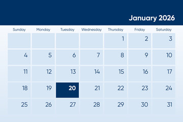 20 January 2026 calendar day design. It shows 2026 January 20 date calendar page