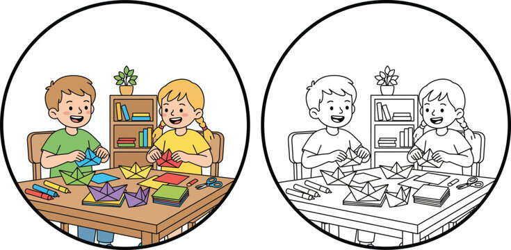 Kids folding paper boats together on a table, happy children creating origami crafts, simple line art coloring page - Powered by Adobe