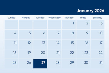 27 January 2026 calendar day design. It shows 2026 January 27 date calendar page