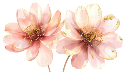 Two pink blossoms with golden accents over a transparent background