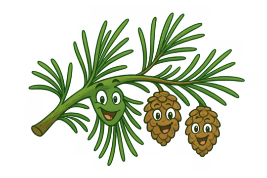Pine branch with cute cartoon faces and smiling pine cones showing happy nature characters on transparent background