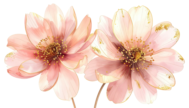 Two pink blossoms with golden accents over a transparent background