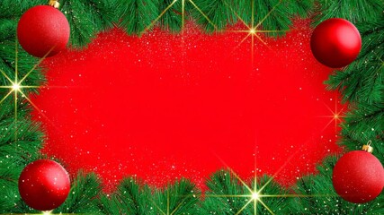 Festive holiday scene featuring vibrant red background adorned with lush green pine branches and shiny red ornaments, capturing the essence of celebration, with sparkling effects enhancing the atmosph - Powered by Adobe