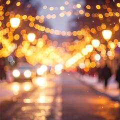 Bokeh lights over snowy street, car blurs in distance