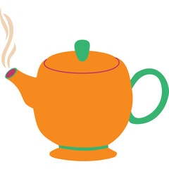 Orange Ceramic Teapot with Green Lid and Handle Emitting Steam With Purple Accent and White Background