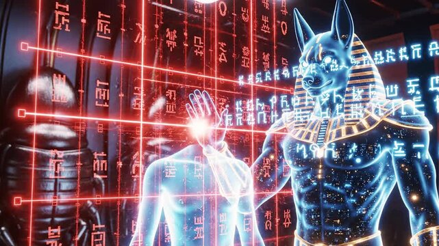 A luminous, ethereal Anubis figure stands near a human figure, enveloped by a data grid