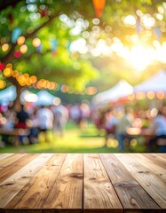 Sunny outdoor market with bokeh and wooden planks in foreground