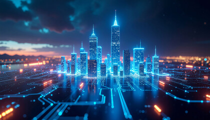 Futuristic cityscape with glowing network connections at night, ideal for tech innovation, smart city solutions, and cutting-edge technology concepts