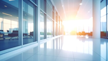 Bright, blurred hallway with glass walls and sunlit end