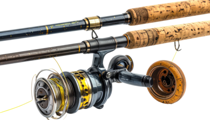 Fishing rod and reel, cork grip, and yellow fishing line detailed