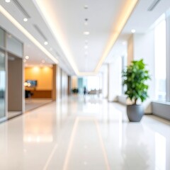 Blurred, bright hall, modern lights, large windows, plant