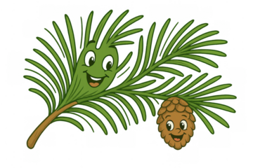 Happy anthropomorphic pine branch and smiling pinecone bringing nature and joy, forest plants characters