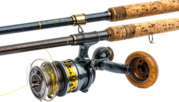 Fishing rod and reel, cork grip, and yellow fishing line detailed