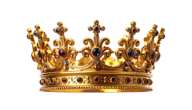 Ornate golden crown with colored gems, isolated