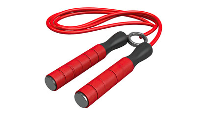 Red jump rope with black handles on a stark black background