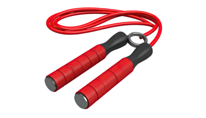Red jump rope with black handles on a stark black background