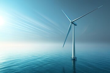 Majestic offshore wind turbine generates clean energy against a serene ocean horizon, symbolizing sustainability and a brighter future.