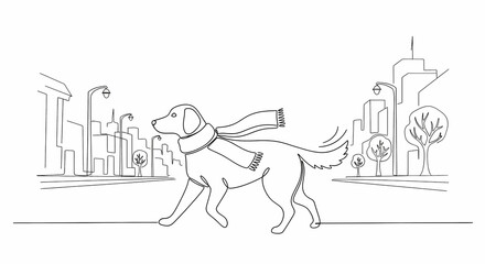 Dog walking with scarf in city during winter season - Concept of idea design for t-shirt  