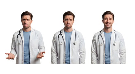 Three images of a doctor showing different emotional expressions