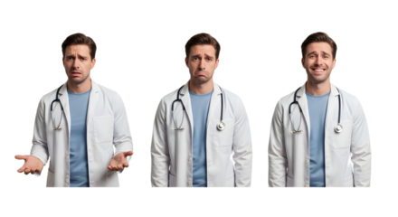 Three images of a doctor showing different emotional expressions