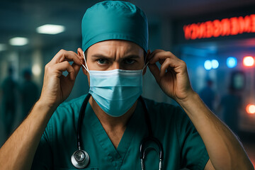A focused medical professional adjusts his face mask in a busy emergency setting. The dim lights and blurred activity behind him highlight urgency, precision, and unwavering readiness in critical care