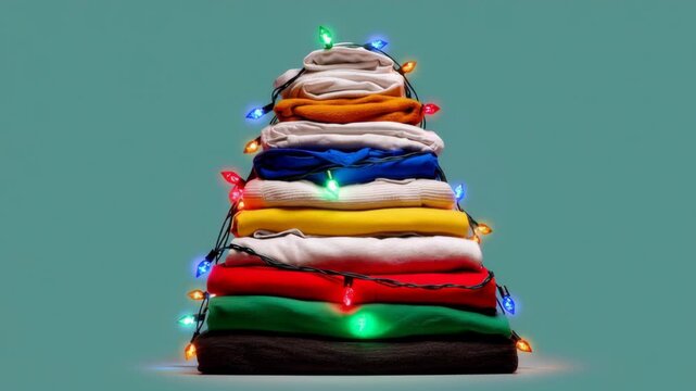 Colorful stack of folded clothing adorned with vibrant holiday lights, showcasing a festive arrangement, camera performs a smooth zoom in to highlight textures and colors of the fabric layers