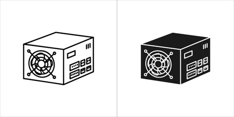 Two icons of a computer power supply unit, one outlined and one filled, on a