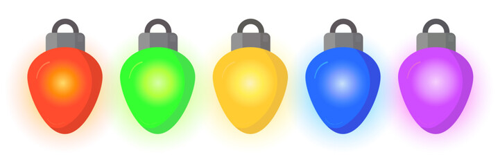 Colorful glowing Christmas bulbs in red, green, yellow, blue, and purple colors. Festive decorative lights for New Year celebration, holiday card, or winter background, isolated on white.