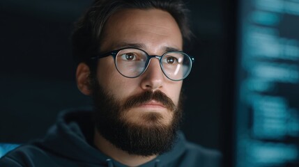 Close-up of a focused male cybersecurity analyst engaged in work at a computer with soft lighting in a modern tech environment