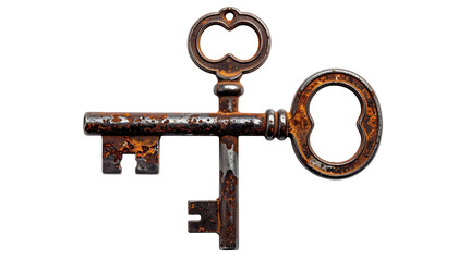 Three old, ornate, rusty keys overlapping on black background