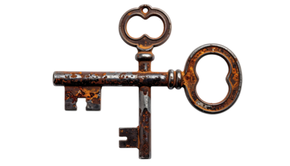 Three old, ornate, rusty keys overlapping on black background
