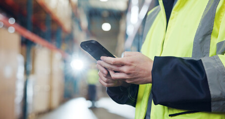 Supply chain, phone and hands of person in warehouse for typing message, online checklist and...