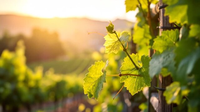 Golden hour illuminates lush green vine leaves in a vineyard, with rows in the background