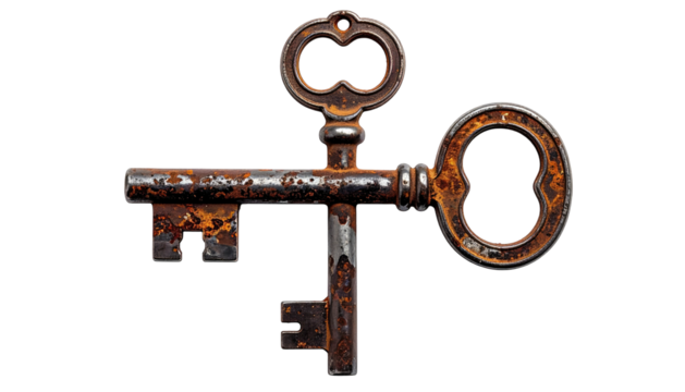 Three old, ornate, rusty keys overlapping on black background - Powered by Adobe