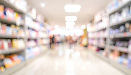 Blurred aisle in a store, shelves stocked, bright light