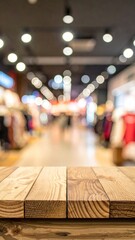 Wooden counter, blurred store bokeh background