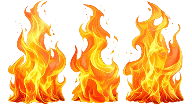 Three stylized bright flames on black. Warmth, intensity
