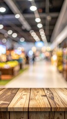 Blurred market aisle over wood. Warm bokeh light above