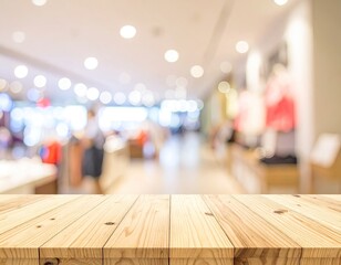Store focus on wood table, blurred shop interior behind