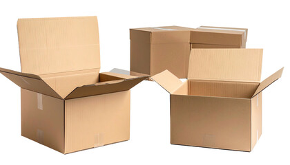Unpacked brown cardboard boxes on black background, some open