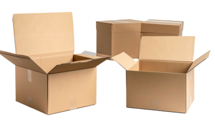 Unpacked brown cardboard boxes on black background, some open