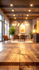 Wooden tabletop overlooks blurred dining room