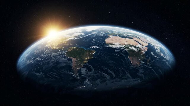 Earth Rotating with Sunrise over Continents in Space View