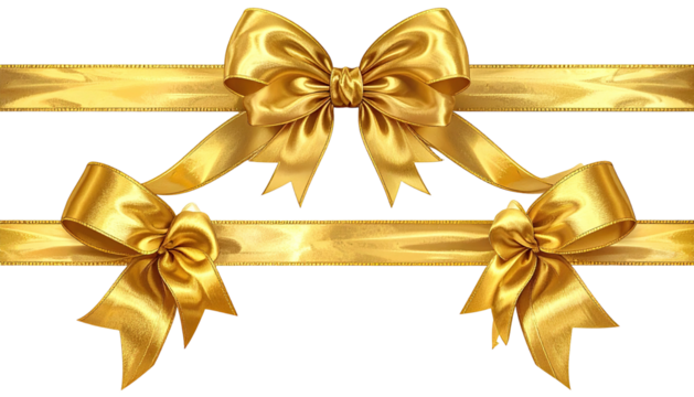 Two ornate, shiny, golden ribbons and bows on black background