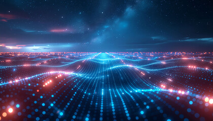 Obraz premium Stunning digital landscape with glowing data points under a starry sky, perfect for technology, innovation, or futuristic concept presentations